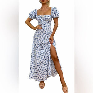 NEW Puff Sleeve Floral Split Maxi Flowy A Line Beach Dress L $59